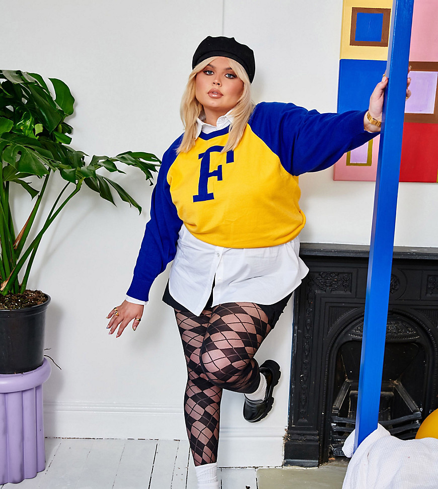 Labelrail x Francesca Perks slogan knit sweater in cobalt blue and yellow