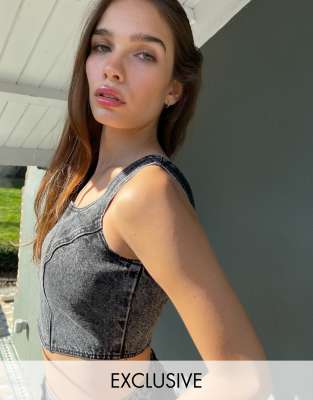 Labelrail x Hana Cross crop corset top in acid wash denim co-ord - ASOS Price Checker