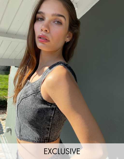 Labelrail x Hana Cross crop corset top in acid wash denim - part of a set