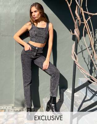 Labelrail x Hana Cross high waist jeans with seam details in acid wash co-ord