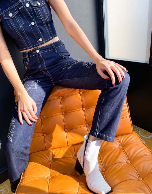 Labelrail x Hana Cross - Jean taille haute d'ensemble avec surpiqûres contrastantes style western, 3 de 4