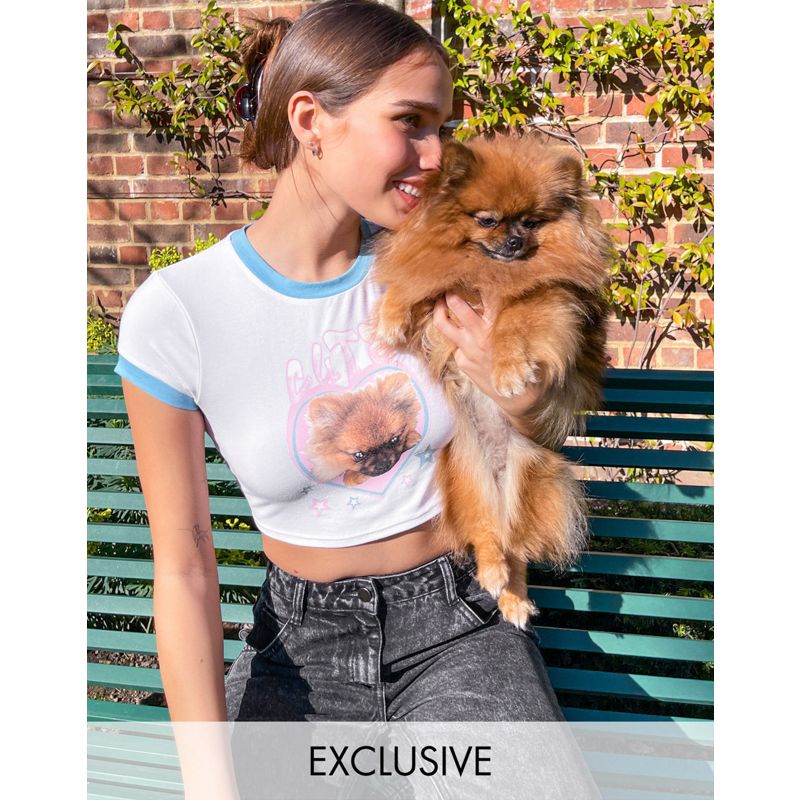 Top XjDFM Labelrail x Hana Cross - Maglietta corta con bordi a contrasto e stampa di simpatico cucciolo