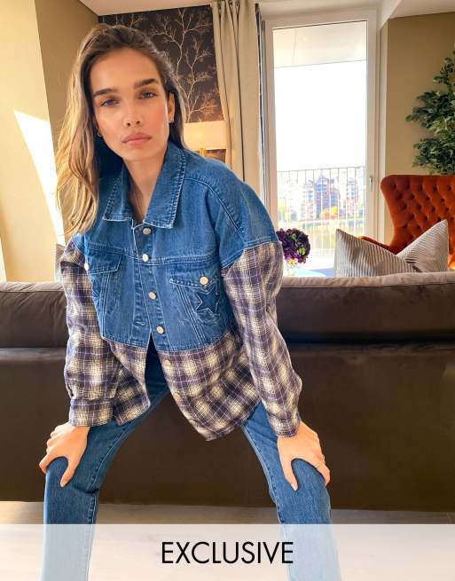 Labelrail x Hana Cross oversized quilted trucker jacket with plaid panels and star pockets