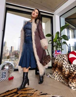 Labelrail x Holly Marston faux suede maxi coat with faux shearling trim