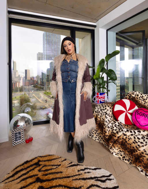 Labelrail x Holly Marston faux suede maxi coat with faux shearling