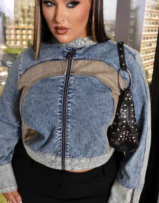 Labelrail x Holly Marston - Giacca stile moto di jeans blu con pannelli in  similpelle PU