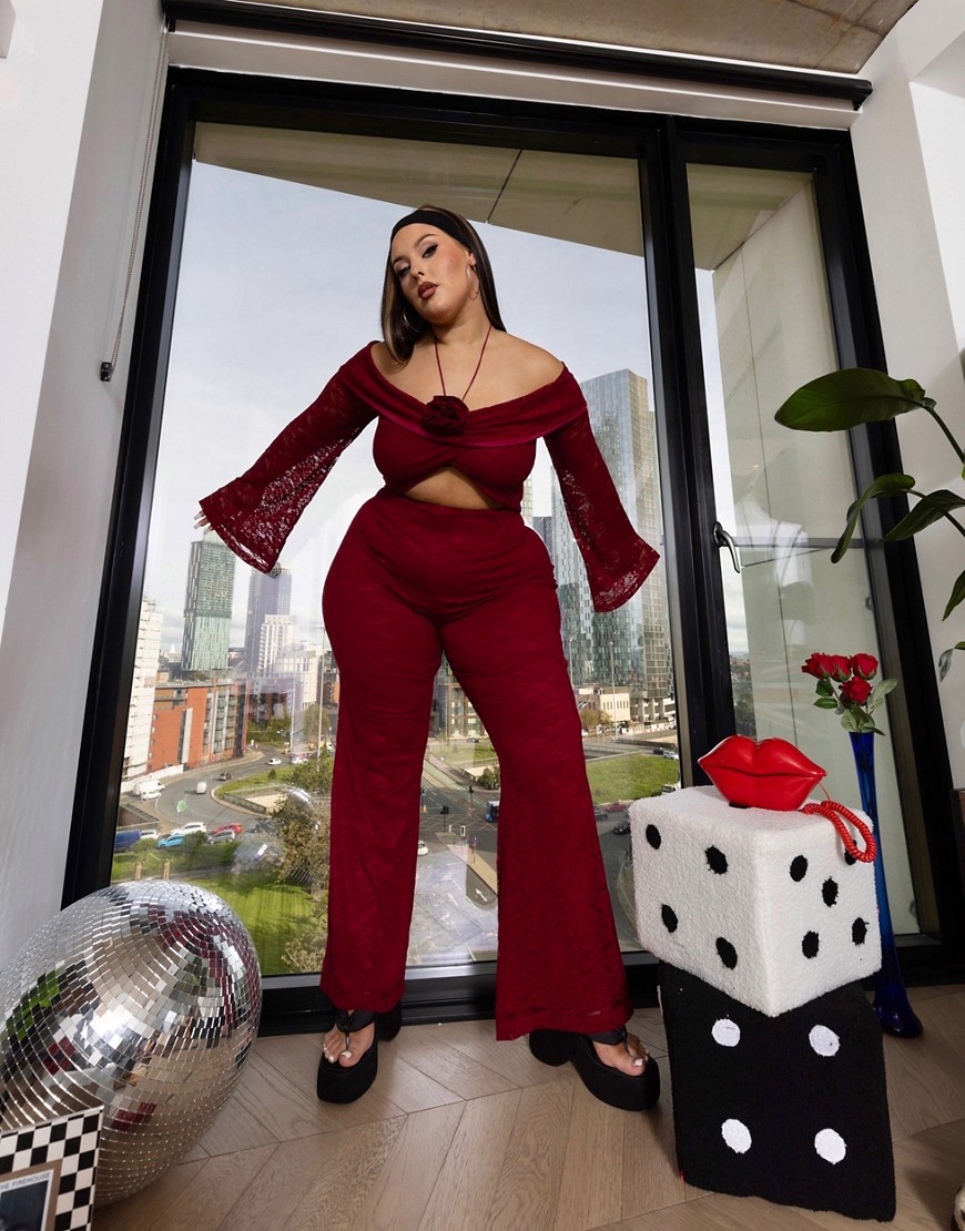 Labelrail x Holly Marston low rise fit and flare lace trousers co-ord in oxblood-Red