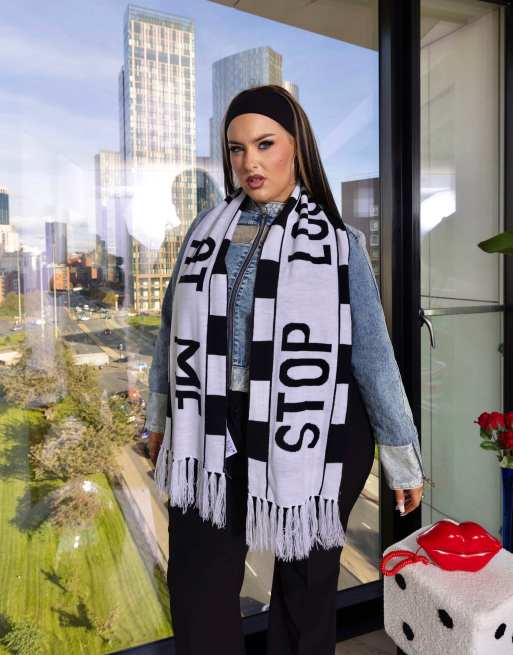 Labelrail x Holly Marston slogan football scarf in black and white, 2 of 4