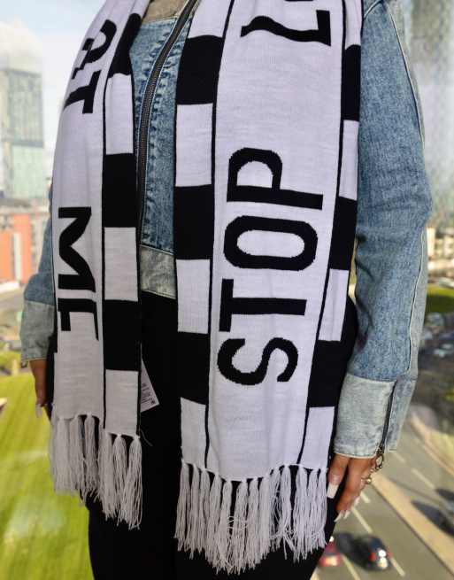 Labelrail x Holly Marston slogan football scarf in black and white, 3 of 4