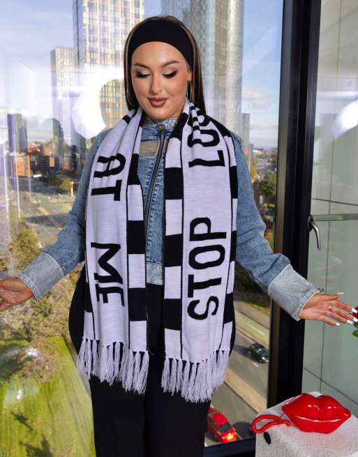 Labelrail x Holly Marston slogan football scarf in black and white, 4 of 4