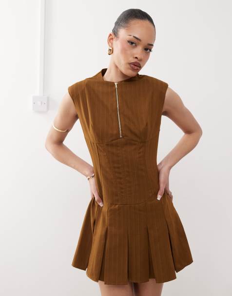 Labelrail x Jennifer McKing corset paneled pinstripe mini dress in brown - view 1