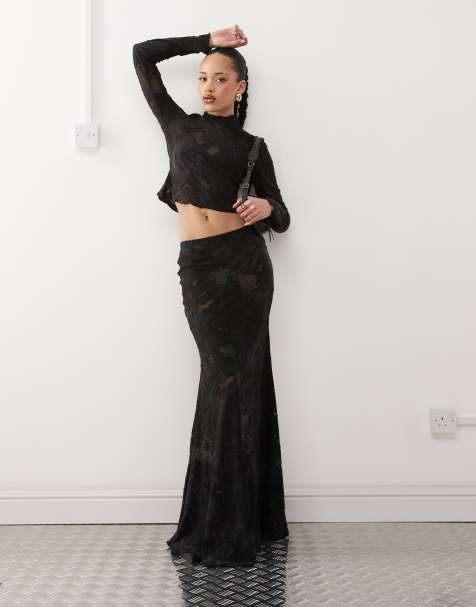 Labelrail x Jennifer McKing distressed jersey maxi fishtail skirt in grey (part of a set) - view 1