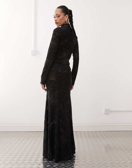 Labelrail x Jennifer McKing distressed jersey maxi fishtail skirt in grey (part of a set), 4 of 4