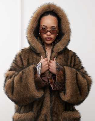 Labelrail X Jennifer Mcking Faux Fur Maxi Hooded Coat In Brown