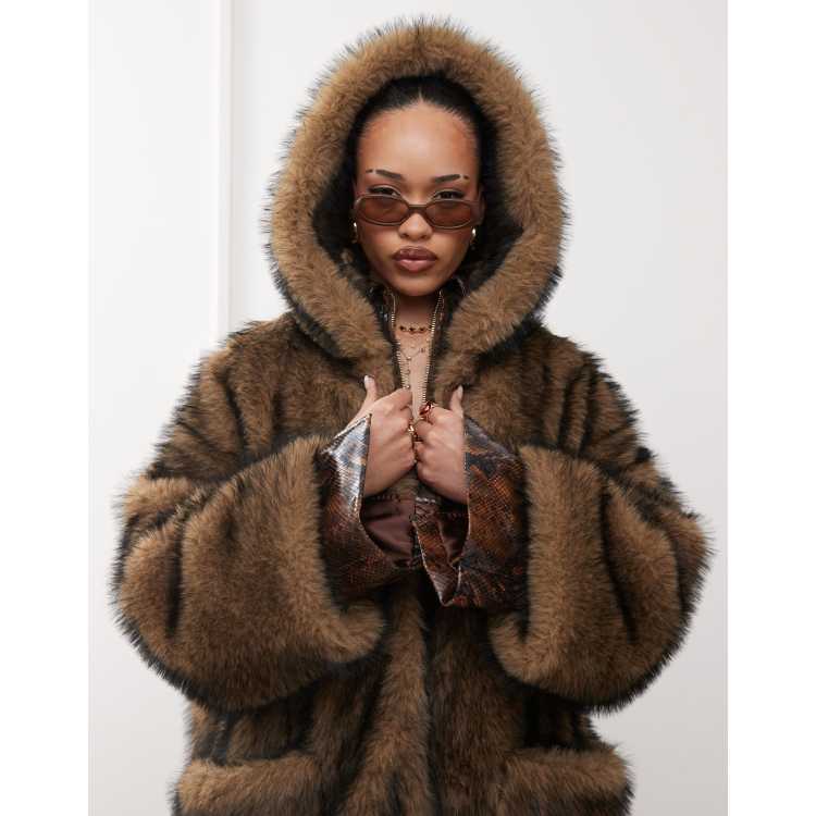 極美品✨Herlipto Faux Fur Hoodie Duffle Coat Labelrail x Jennifer McKing faux fur maxi hooded coat in natural