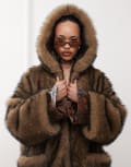 [Labelrail] Labelrail x Jennifer McKing faux fur maxi hooded coat in natural-Brown 14 BROWN