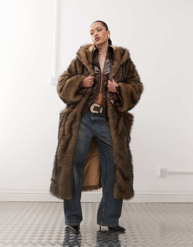 Labelrail x Jennifer McKing faux fur maxi hooded coat in natural