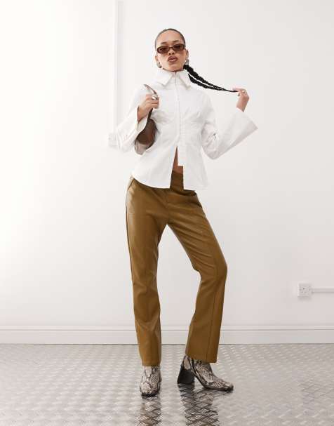 Labelrail x Jennifer McKing faux leather thong panel pants in khaki green - view 1