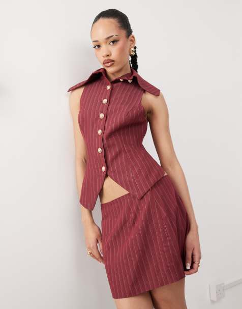 Labelrail x Jennifer McKing high collar tailored pinstripe vest top in burgundy - part of a set - view 1
