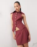 [Labelrail] Labelrail x Jennifer McKing high collar tailored pinstripe waistcoat top in burgundy (part of a set) 12 BURGUNDY