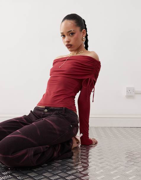 Labelrail x Jennifer McKing liquid off-shoulder long sleeve top in burgundy - view 1