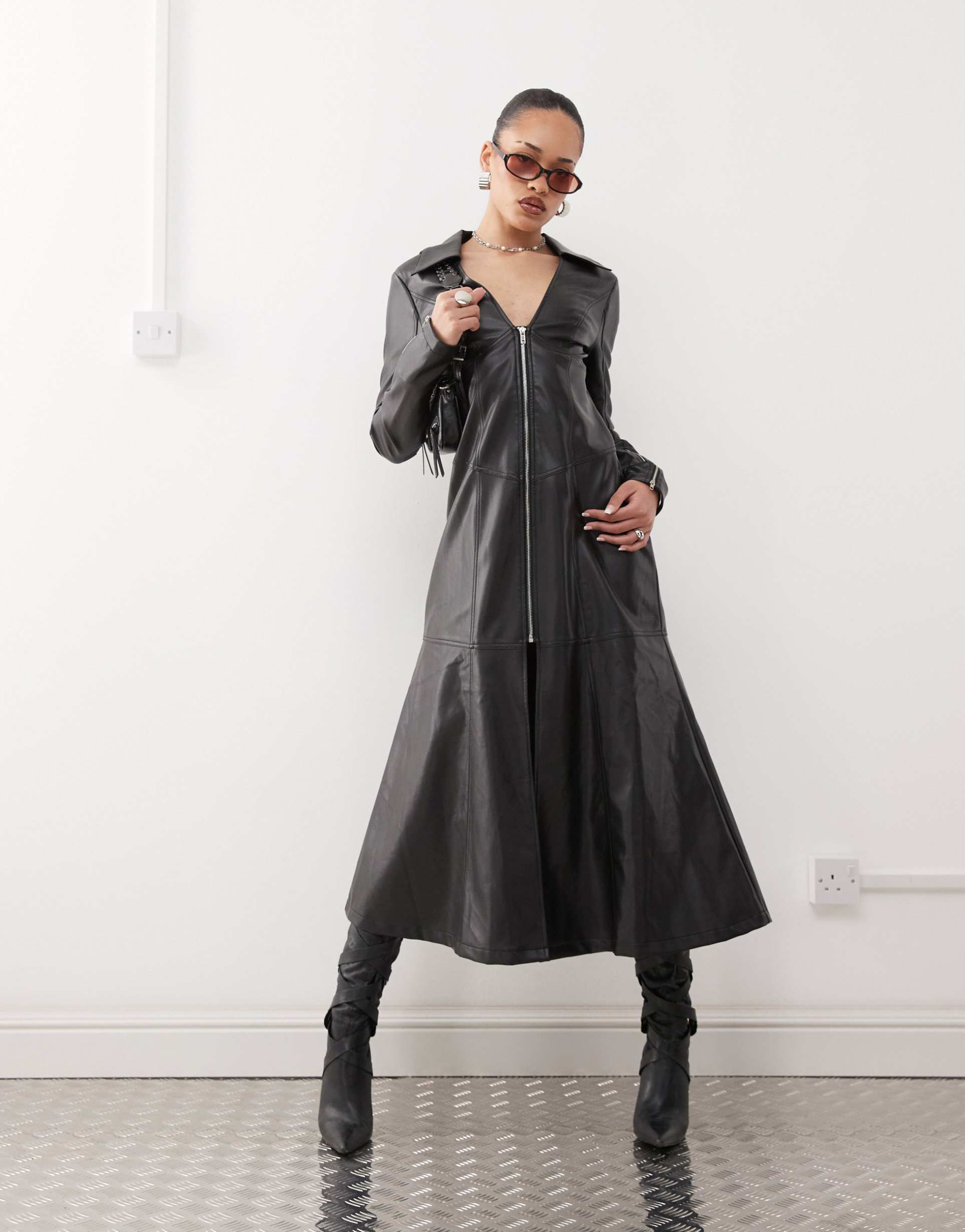 labelrail x jennifer mcking matrix faux leather dress coat in black