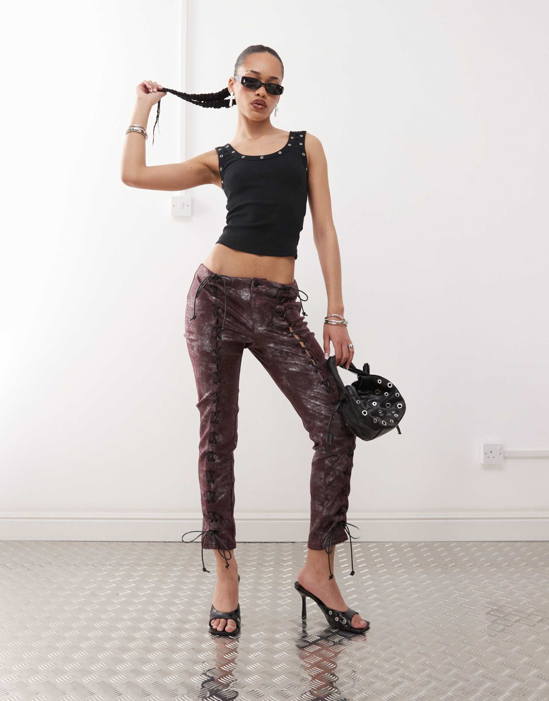 labelrail x jennifer mcking shimmer faux leather whipstitch pants in burgundy