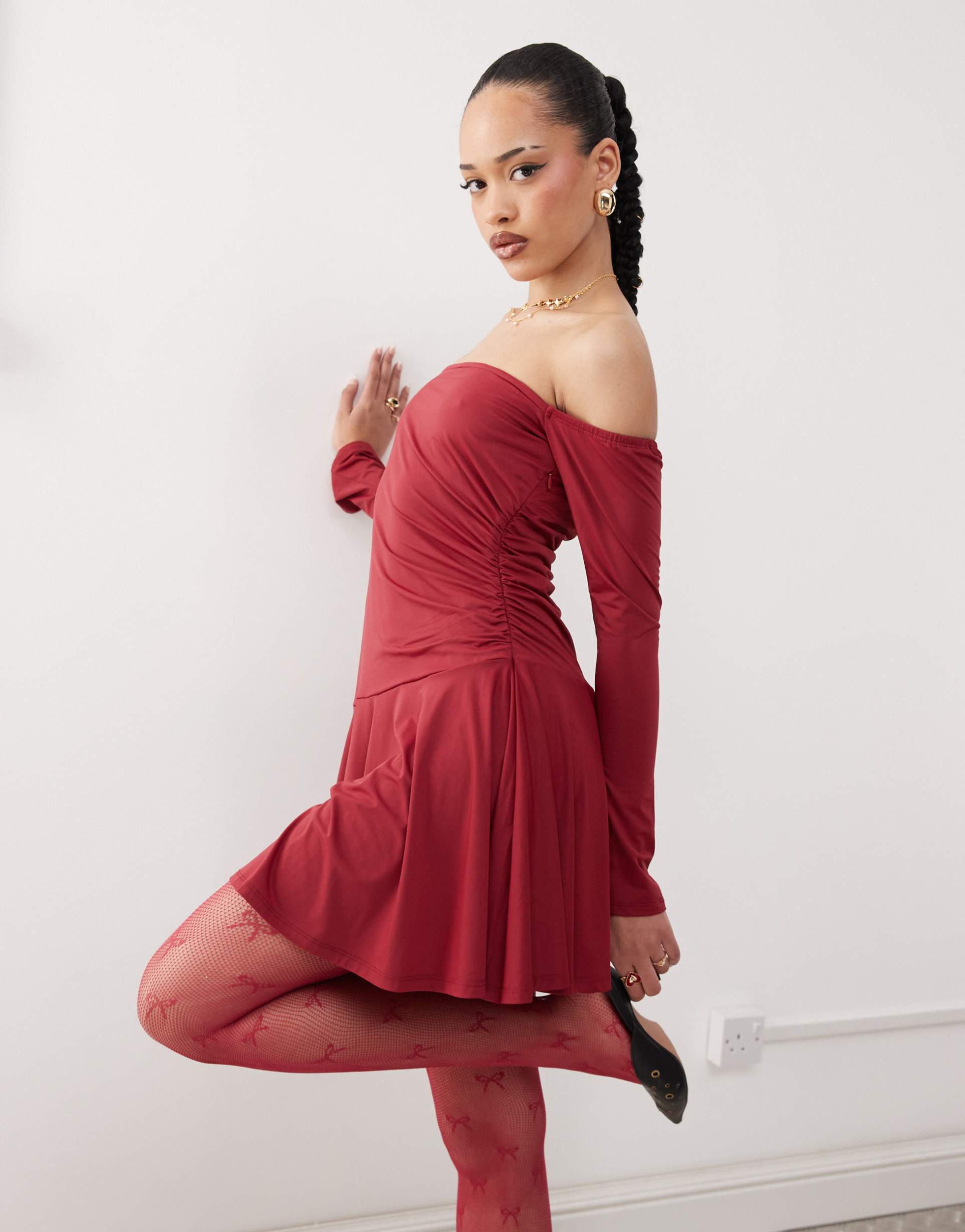 labelrail x jennifer mcking slinky ruffle off-shoulder mini dress in burgundy