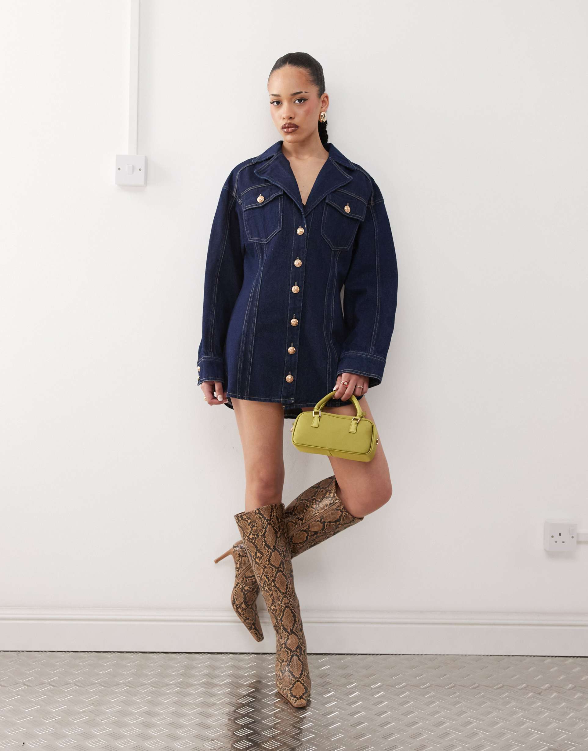 labelrail x jennifer mcking structured denim shirt dress in indigo blue