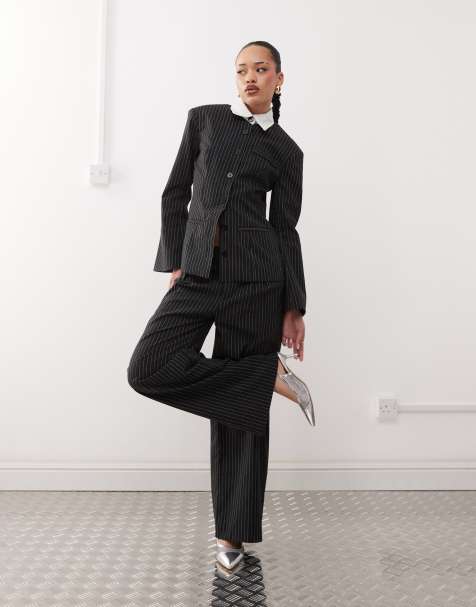 Labelrail x Jennifer McKing tailord pinstripe oversized trousers co-ord in black - view 1