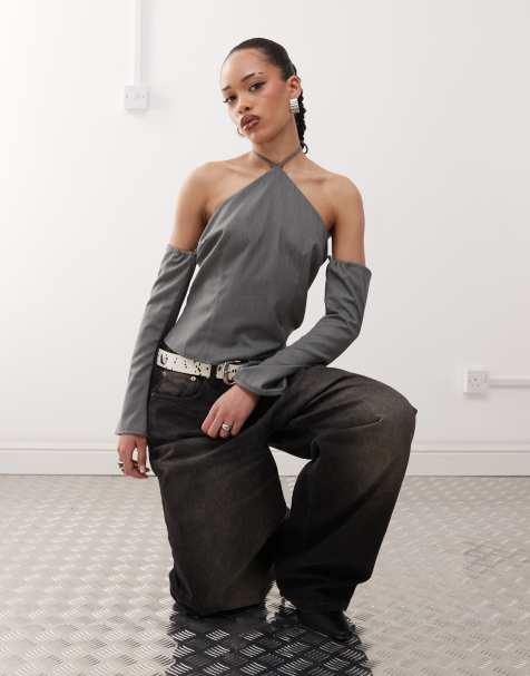 Labelrail x Jennifer McKing tailored halter long sleeve top in school gray - view 1