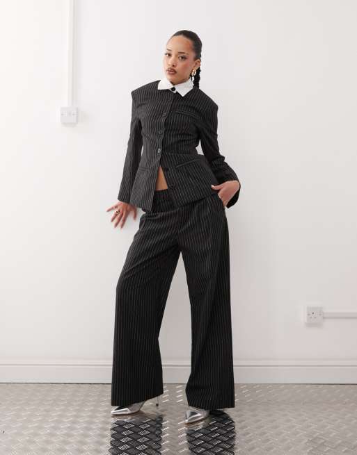 Labelrail x Jennifer McKing tailored pinstripe fitted blazer in black (part of a set), 2 of 4