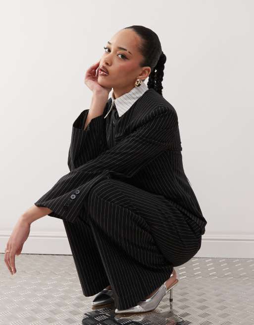 Labelrail x Jennifer McKing tailored pinstripe fitted blazer in black (part of a set), 3 of 4