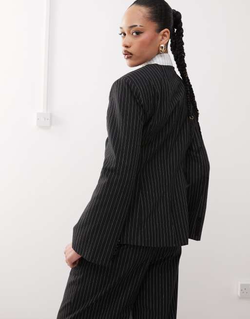 Labelrail x Jennifer McKing tailored pinstripe fitted blazer in black (part of a set), 4 of 4