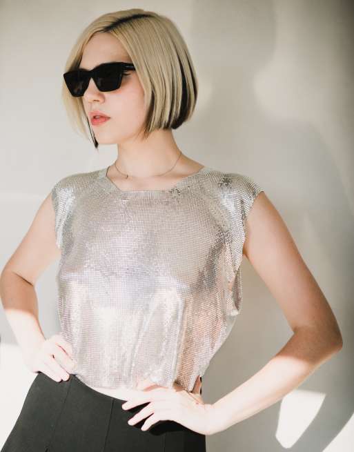 Labelrail x Julia Cumming - Crop top van maliënkolder in zilver