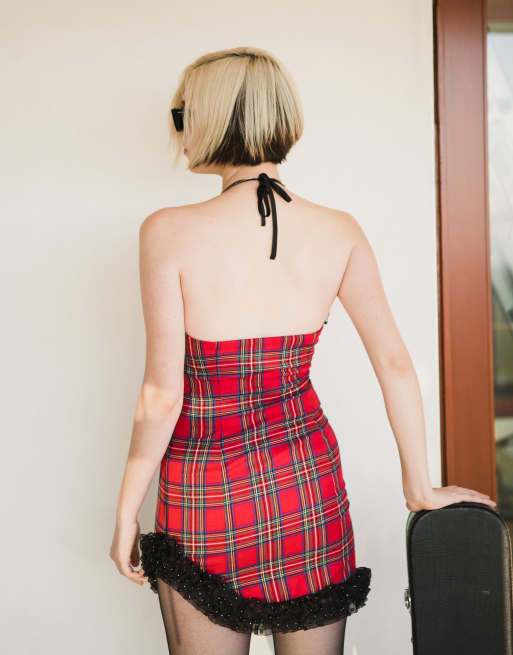 Labelrail x Julia Cumming faux pearl ruffle trim mini dress in red tartan  print