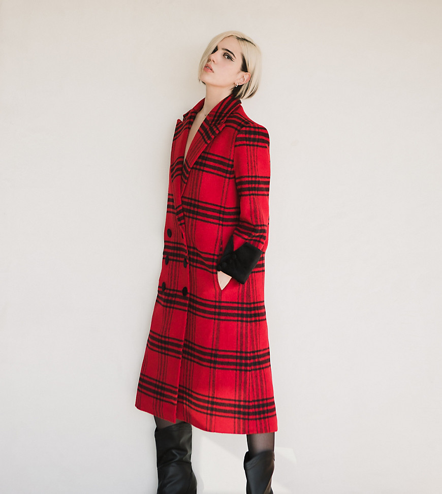 Labelrail x Julia Cumming longline overcoat with velvet cuffs in red check