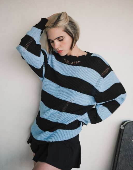 Labelrail x Julia Cumming - Oversized gebreide grunge trui met strepen in blauw en zwart