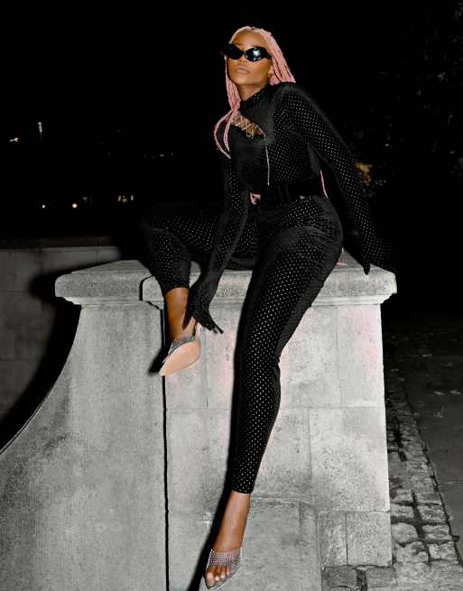 Labelrail x Juliette Foxx - Catsuit met versierde handschoenen, diamantjes en uitsnijding in zwart
