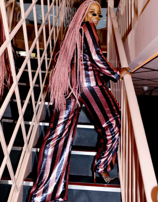 Labelrail x Juliette Foxx striped sequin blazer in navy and pink