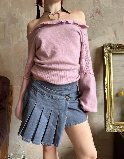 Asymmetric pleated outlet denim skirt