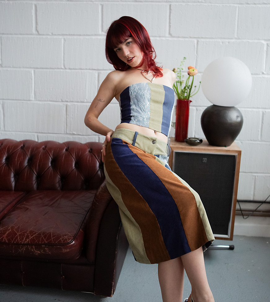 Labelrail x Lara Adkins patchwork corduroy awkward length skirt co-ord in multi