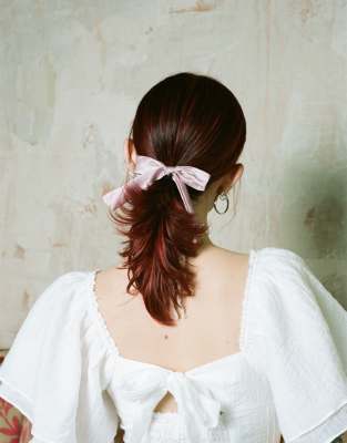 Labelrail Labelrail x Lara Adkins satin bow hair tie in pink