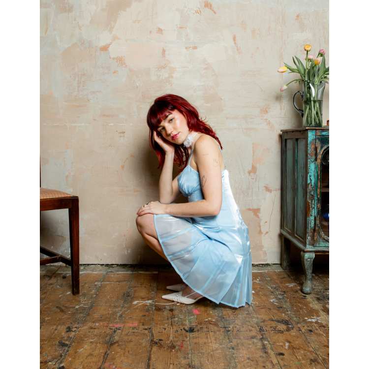 Light blue dress with red clearance flowers