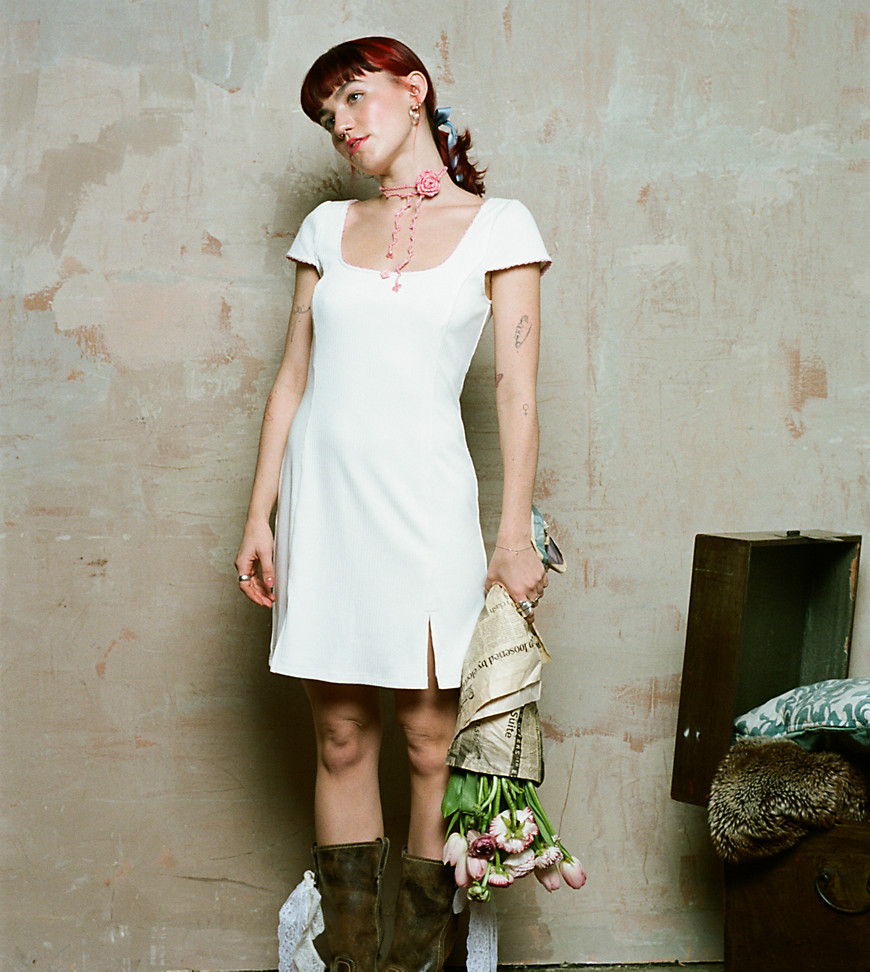 x Lara Adkins square neck rose detail mini dress in cream-White
