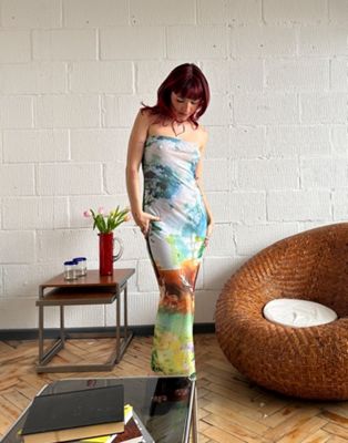 Labelrail x Lara Adkins woodland print bodycon bandeau maxi dress in multi