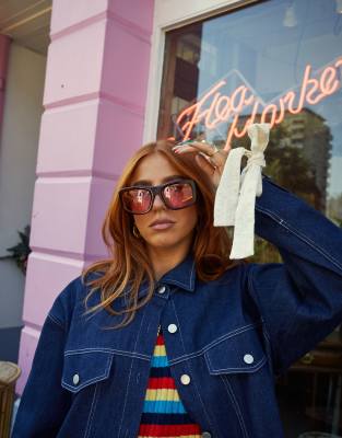 Labelrail Labelrail x Laura Elizabeth Klein bow-detail oversized denim jacket co-ord in indigo-Navy