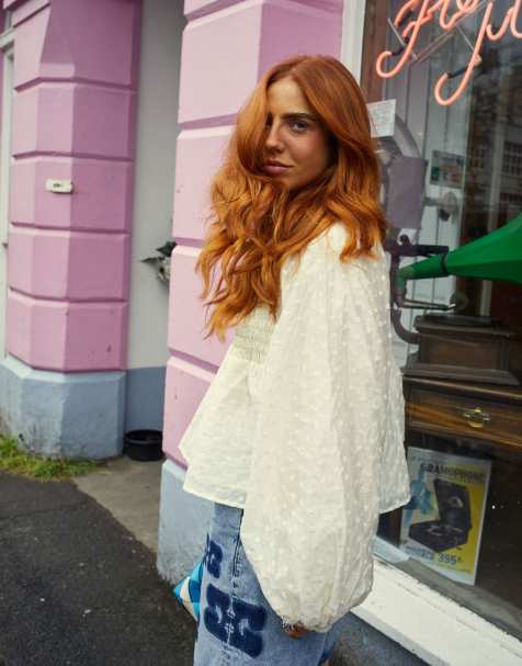 Labelrail x Laura Elizabeth Klein floral jaquard shirred detail smock blouse in ivory - view 1
