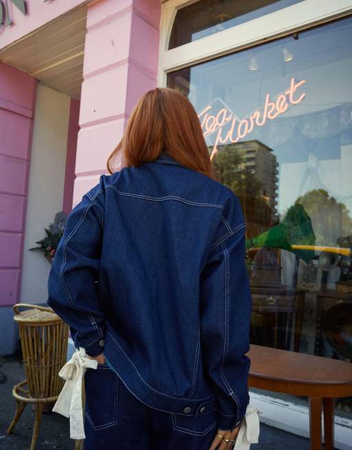 Labelrail x Laura Elizabeth Klein – Indigoblå jeansjacka i oversize med rosettdetalj, del av set, 4 av 4