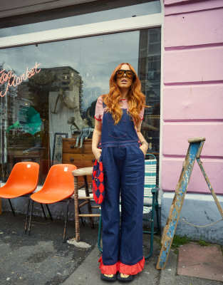 Labelrail Labelrail x Laura Elizabeth Klein ruffle edge dungarees in indigo-Navy